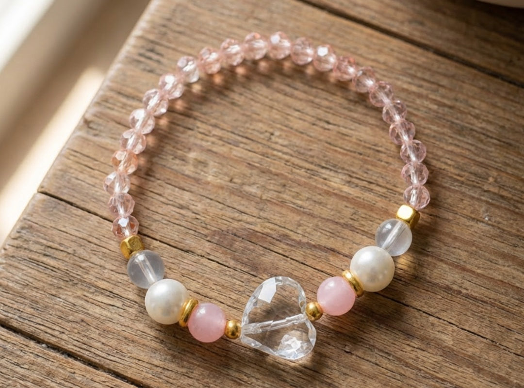 Handmade Beaded Bracelet – Pink Glass, Pearl-Style, Moonstone-Like & Gold Spacer Beads with Clear Heart Charm