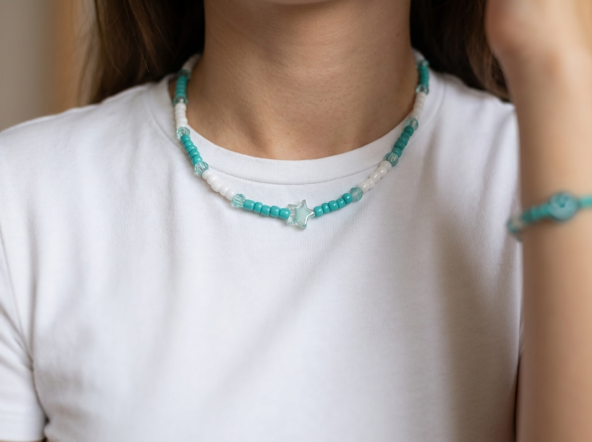 Teal and White Star & Smiley Face Jewelry Y2K Beaded Necklace and Bracelet Handmade Aesthetic Choker Set