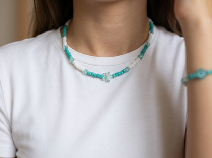 Teal and White Star & Smiley Face Jewelry Y2K Beaded Necklace and Bracelet Handmade Aesthetic Choker Set