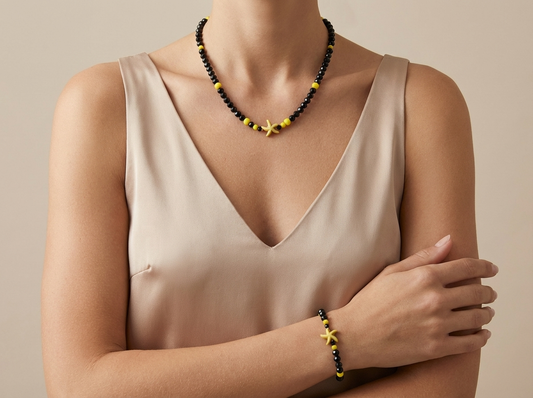 Handmade Starfish Necklace and Bracelet Set Black Faceted Beads with Yellow Accents