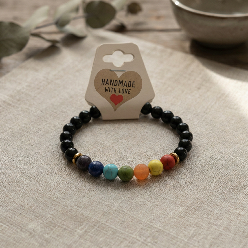 Black Onyx and Gemstone Chakra Handmade Bracelet Natural Stone Beaded Crystal Jewelry with Gold Accents