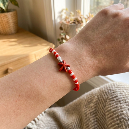 Coral Red Beaded Stretch Bracelet with Starfish Charm — Handmade Beachy Jewelry, Cute Stackable Coastal Summer Accessory Gift