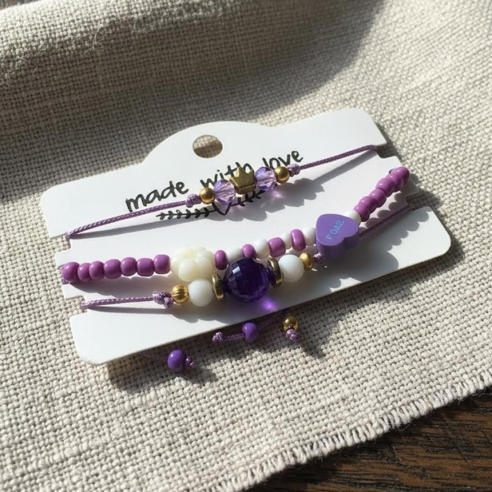 Purple Charm Bracelet Set, Flower Heart Crown Bracelet, Coquette Friendship Jewelry Gift for Her