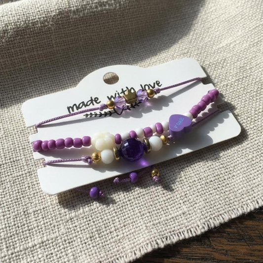 Purple Charm Bracelet Set, Flower Heart Crown Bracelet, Coquette Friendship Jewelry Gift for Her