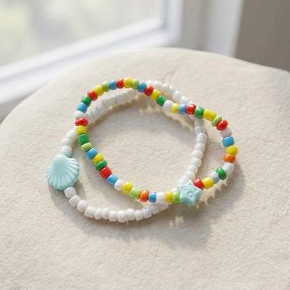 Colorful Beaded Bracelet Set, Shell Star Charm Bracelet, Cute Summer Beach Jewelry, Friendship Bracelet Gift for Her