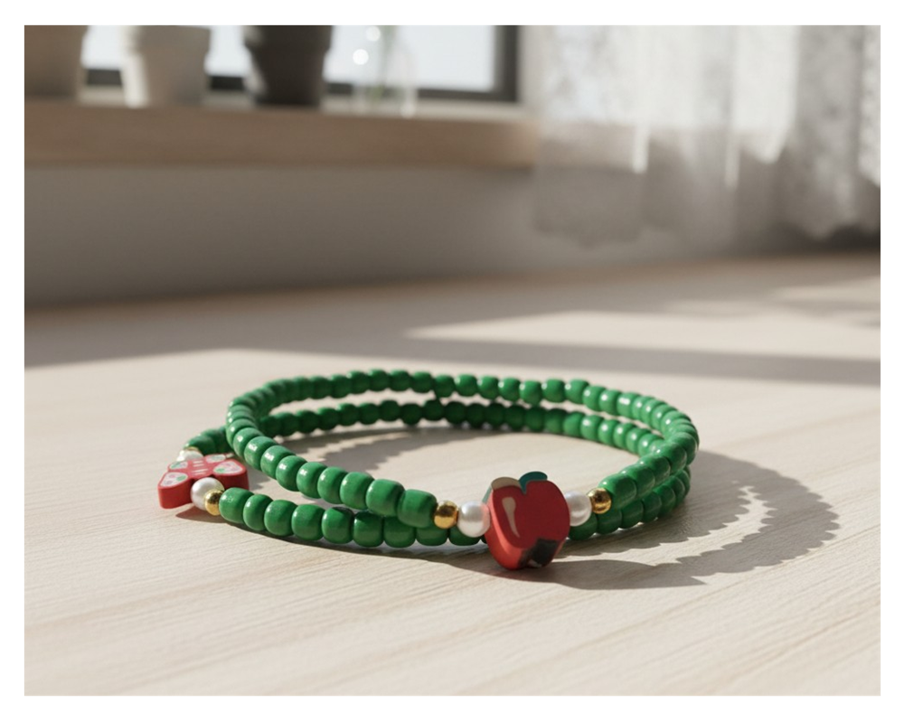 Handmade Solid Green Beaded Bracelet with Accent Charms, Novelty Jewelry, Boho-chic