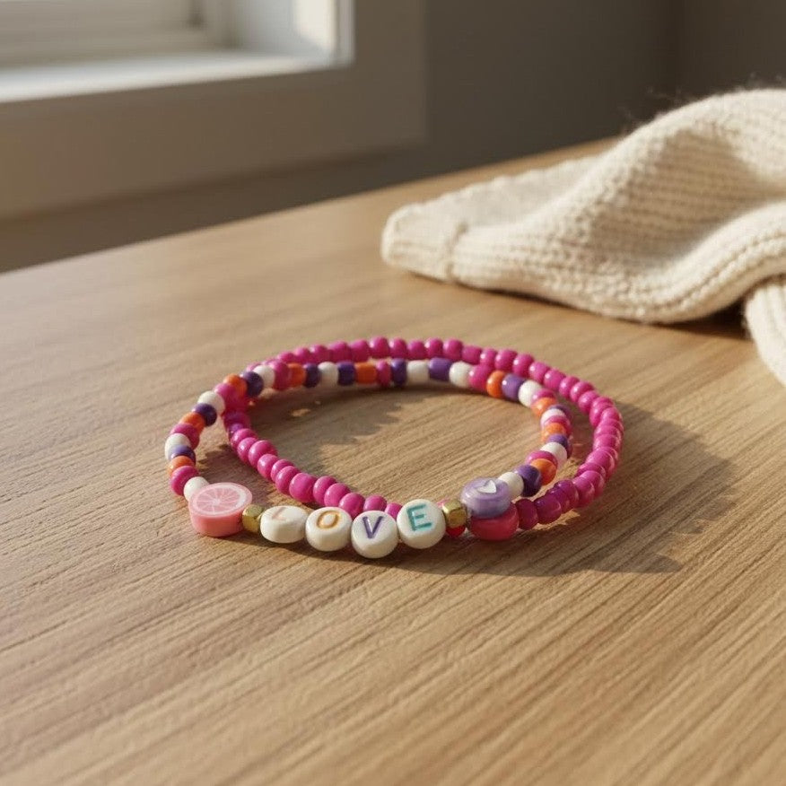 Love Letter Bracelet Set, Pink & Purple Fruit Charm Stack, Personalized Beaded Jewelry for Kids & Teens