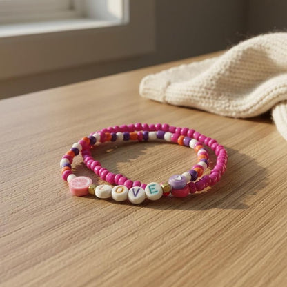 Love Letter Bracelet Set, Pink & Purple Fruit Charm Stack, Personalized Beaded Jewelry for Kids & Teens