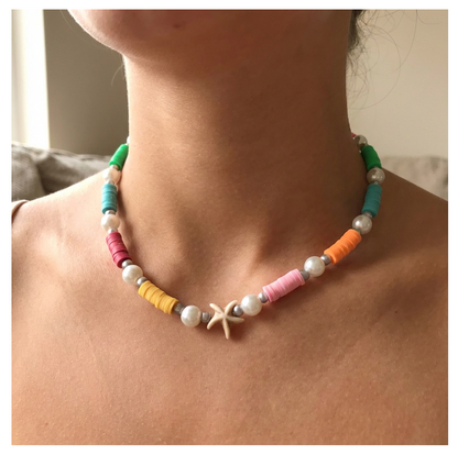 Handcrafted Summer Beach Pearl-like Necklace, Metal-Plated Clasp w/ Extension Chain