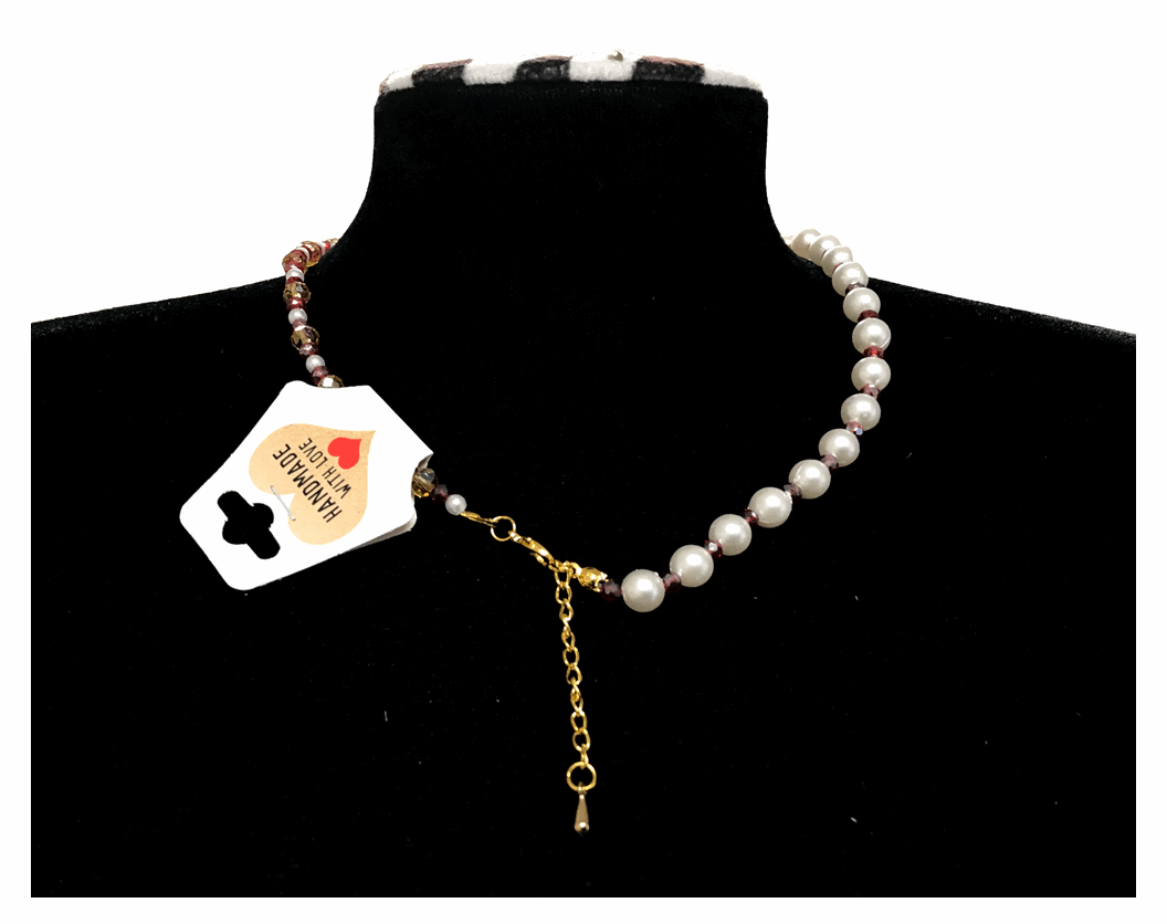Handcrafted Classic White Pearl Beads Blend w/ Glass Crystal Beads, Metal-Plated Clasp w/ Extension Chain