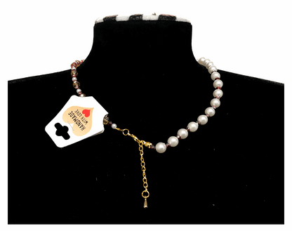 Handcrafted Classic White Pearl Beads Blend w/ Glass Crystal Beads, Metal-Plated Clasp w/ Extension Chain