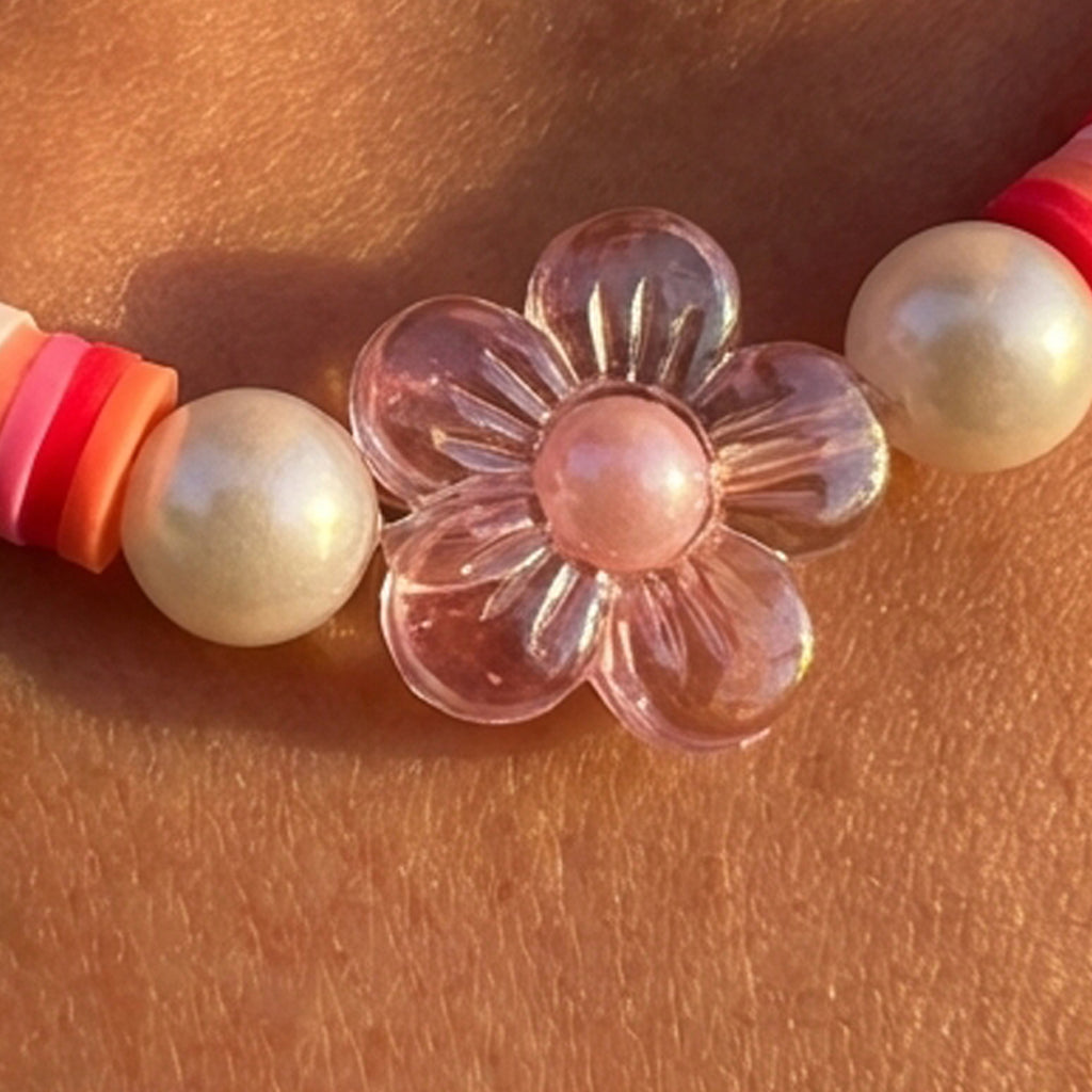 Pink Heishi Bead Necklace, Pastel Flower Charm, Surfer Beach Style Choker