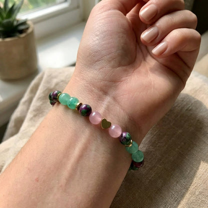 Handmade Ruby Zoisite, Green Aventurine, Pink Jade Beaded Bracelet with Heart Charm