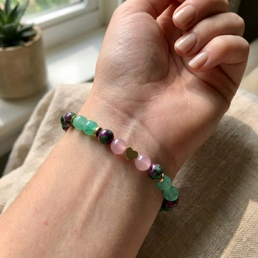 Handmade Ruby Zoisite, Green Aventurine, Pink Jade Beaded Bracelet with Heart Charm