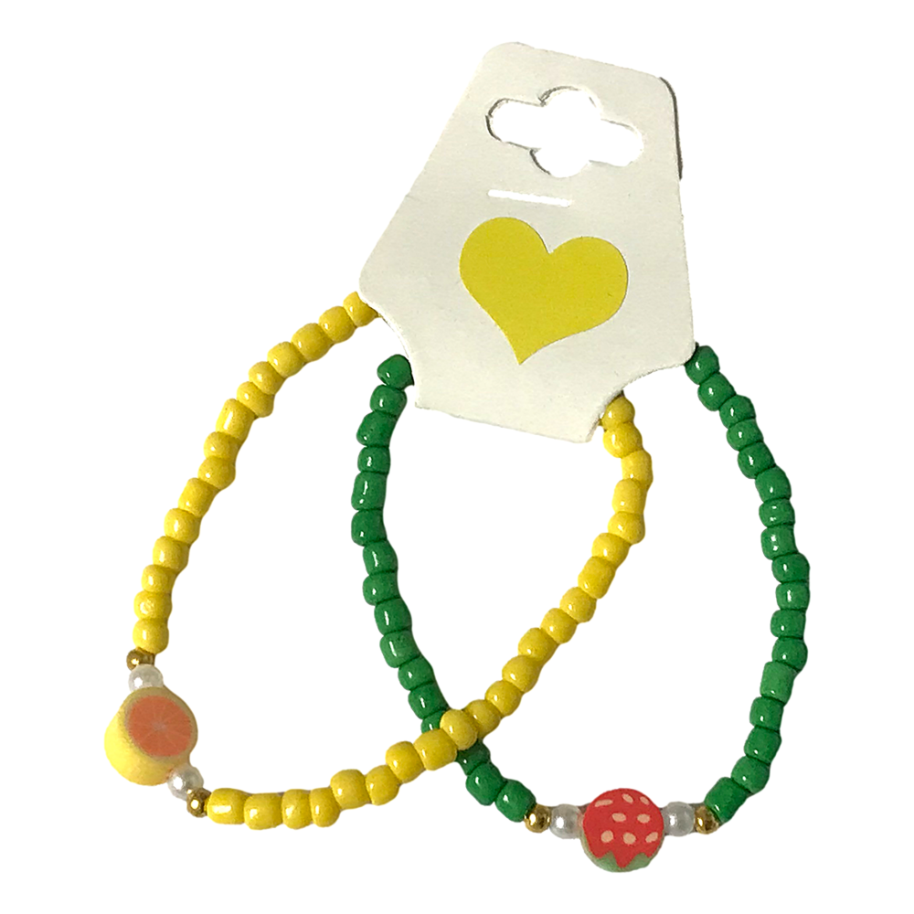 Handmade Green Yellow Beaded Bracelet Set, Fruit Charms, Playful Boho Jewelry