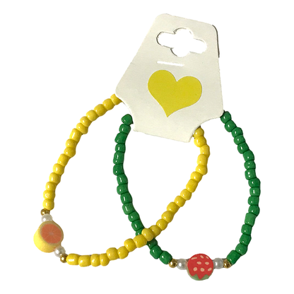 Handmade Green Yellow Beaded Bracelet Set, Fruit Charms, Playful Boho Jewelry