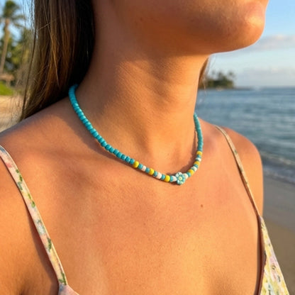 Handmade Blue Seed Bead Daisy Necklace, Minimalist Summer Jewelry, Extension Chain