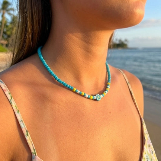 Handmade Blue Seed Bead Daisy Necklace, Minimalist Summer Jewelry, Extension Chain