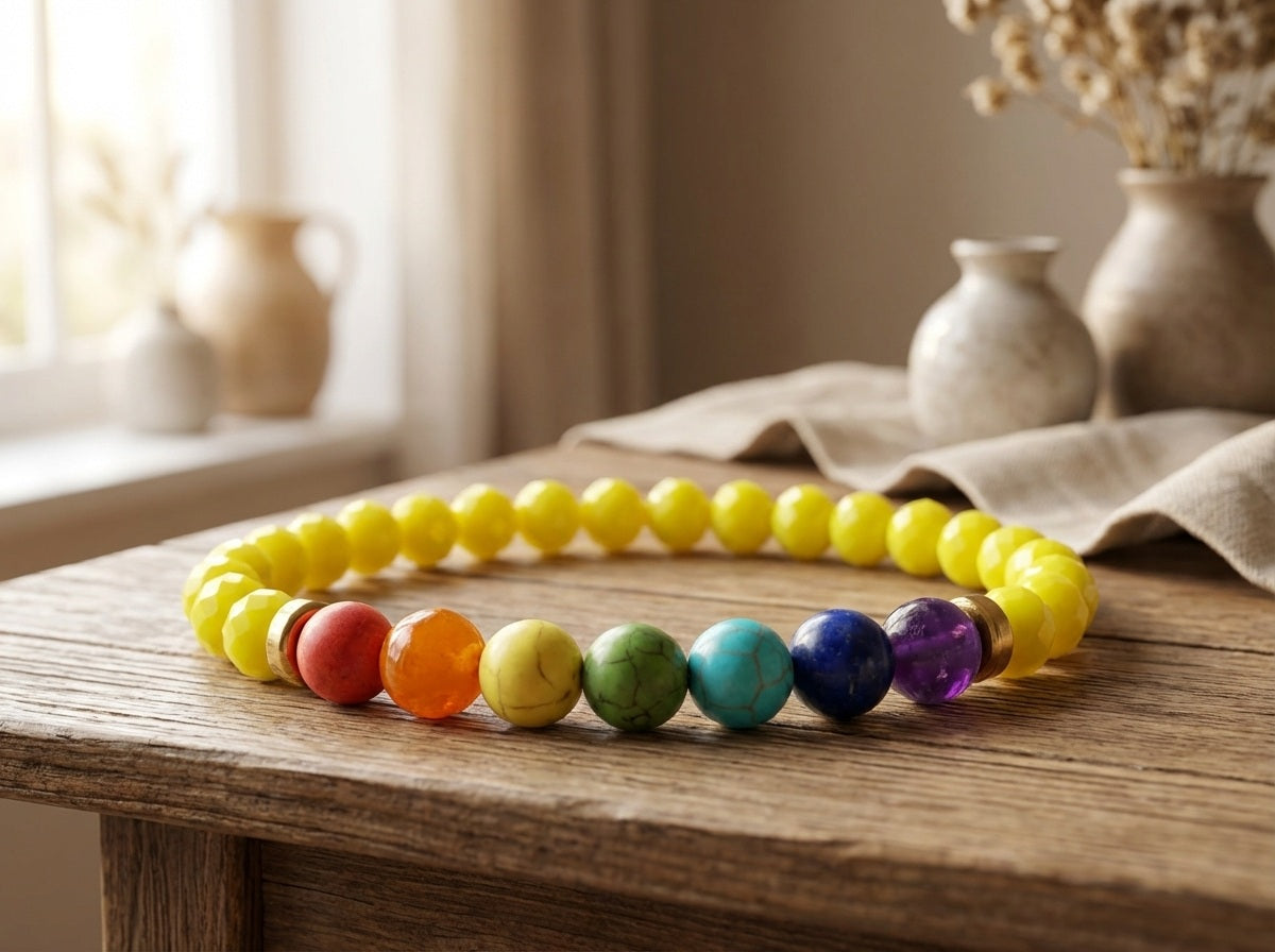 Colorful beaded bracelet on a wooden surface with a neutral background