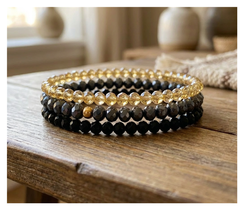 Handmade Black, Dark Grey, Light Amber Beaded Bracelet, Smoky Quartz & Obsidian Stack