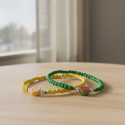 Handmade Green Yellow Beaded Bracelet Set, Fruit Charms, Playful Boho Jewelry