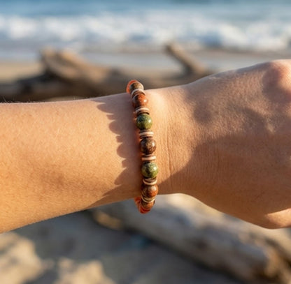 Handmade Beaded Bracelet – Earthy Green, Brown & Red Beads Tones with Tan Disc Spacers