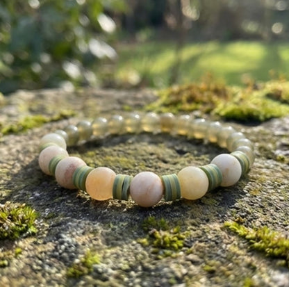 Handmade Bracelet – Green Jasper-Style and Cream Agate-Like Beads with Vibrant Yellow Heishi Disc Spacers – Artisanal Boho Jewelry
