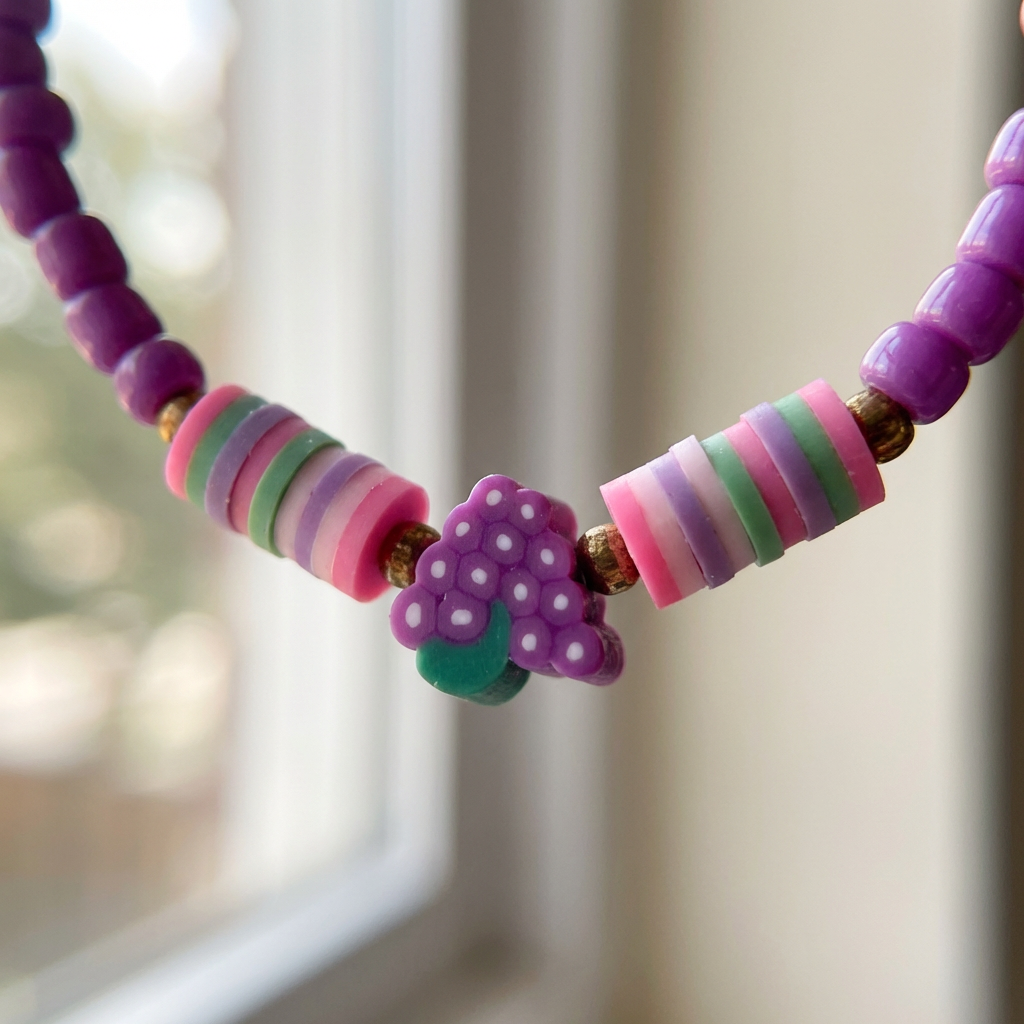 Colorful beaded necklace with a decorative purple bead against a blurred background
