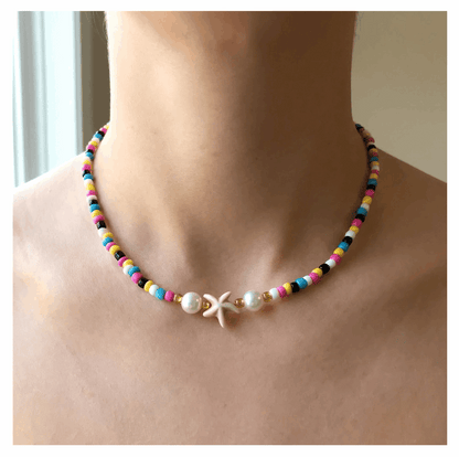 Handcrafted Summer Beaded Starfish Necklace, Metal-Plated Clasp w/ Extension Chain