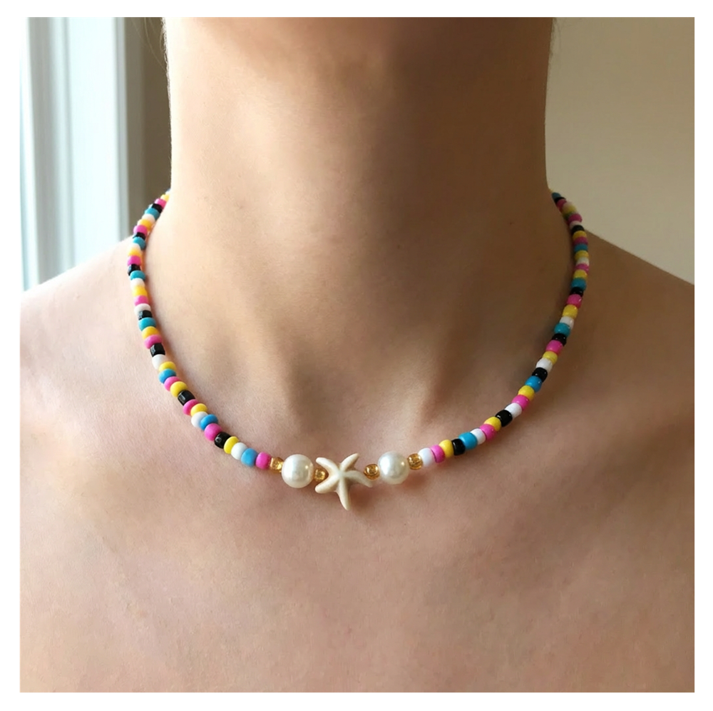 Handcrafted Summer Beaded Starfish Necklace, Metal-Plated Clasp w/ Extension Chain