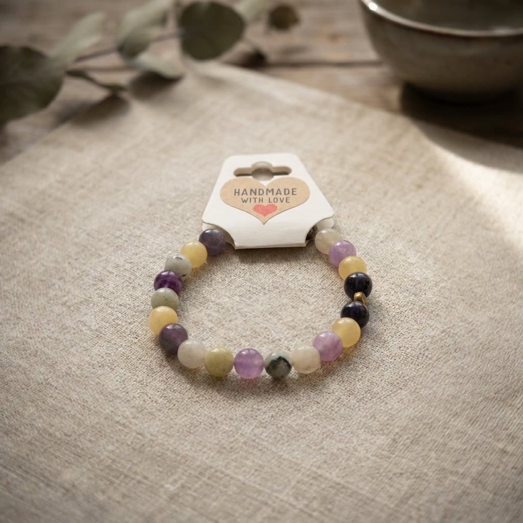Handmade Lavender Cream Gemstone Stretch Bracelet, Boho Stacking Jewelry