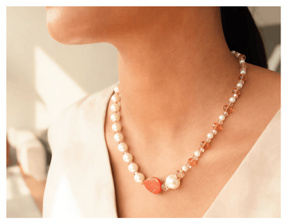 Handcrafted Classic-Modern Pearl-style Necklace w/ Glass Crystal Beads, Metal-Plated Clasp w/ Extension Chain
