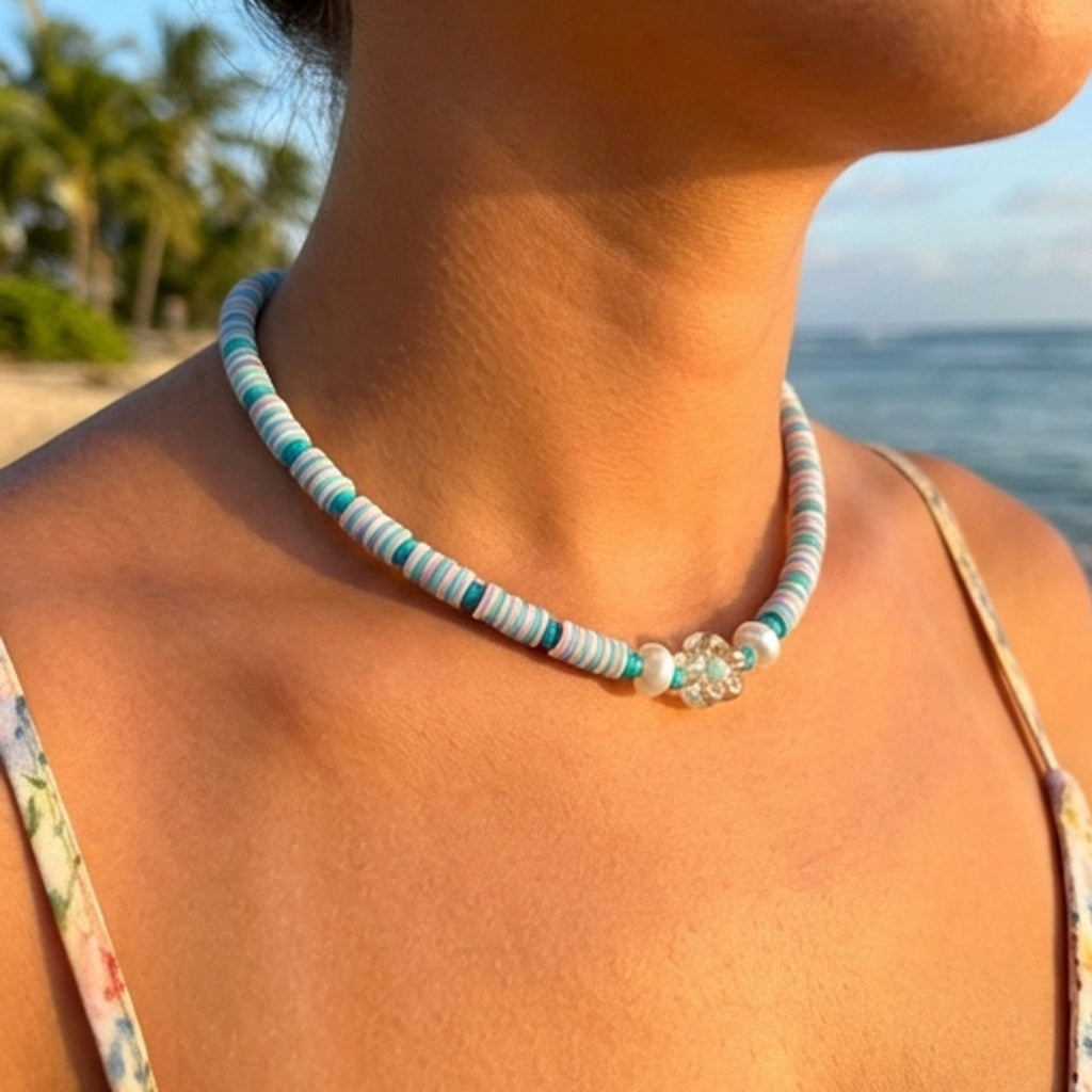 Handmade Pastel Heishi Bead Necklace, Surfer Beach Jewelry, Flower Accent Clasp