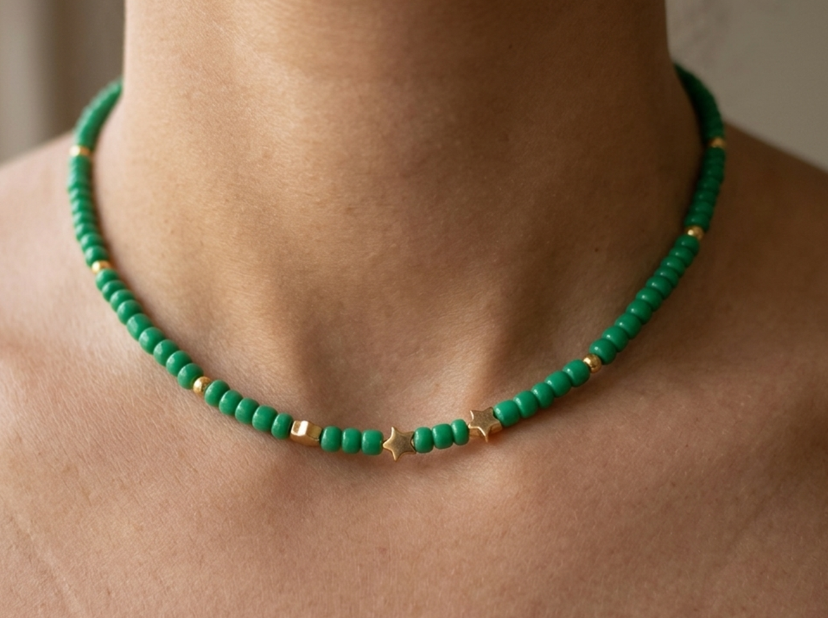 Handmade Green Seed Bead Necklace with Gold Star Charms, Dainty Celestial Jewelry