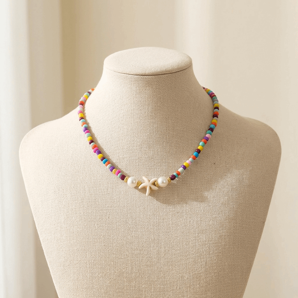 Handmade Starfish Beaded Necklace Summer Jewelry with Pearls