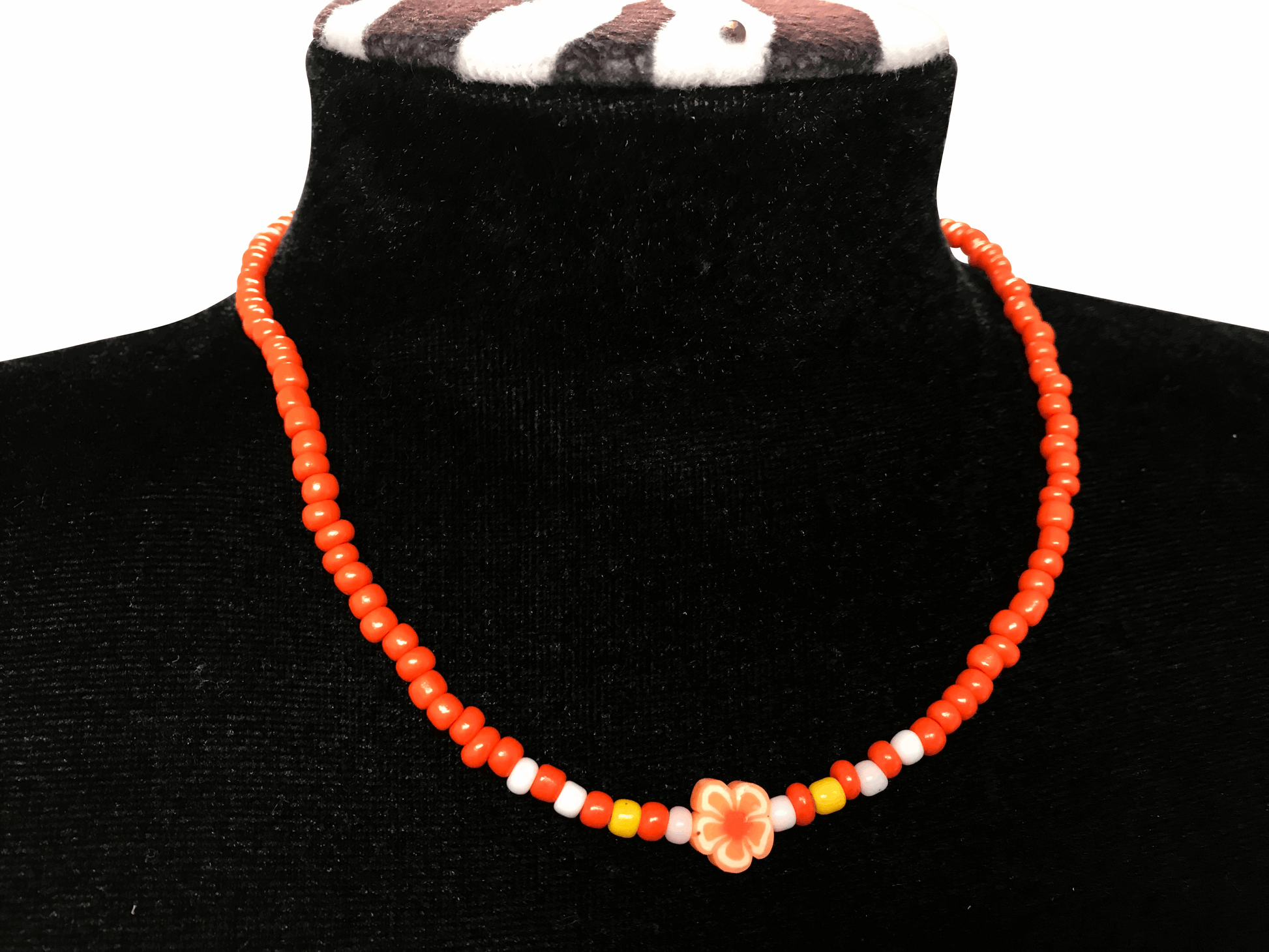Beaded Flower Necklace, Orange Daisy Choker Seed Bead Jewelry, Summer Aesthetic, Metal-Plated Clasp w/ Extension Chain