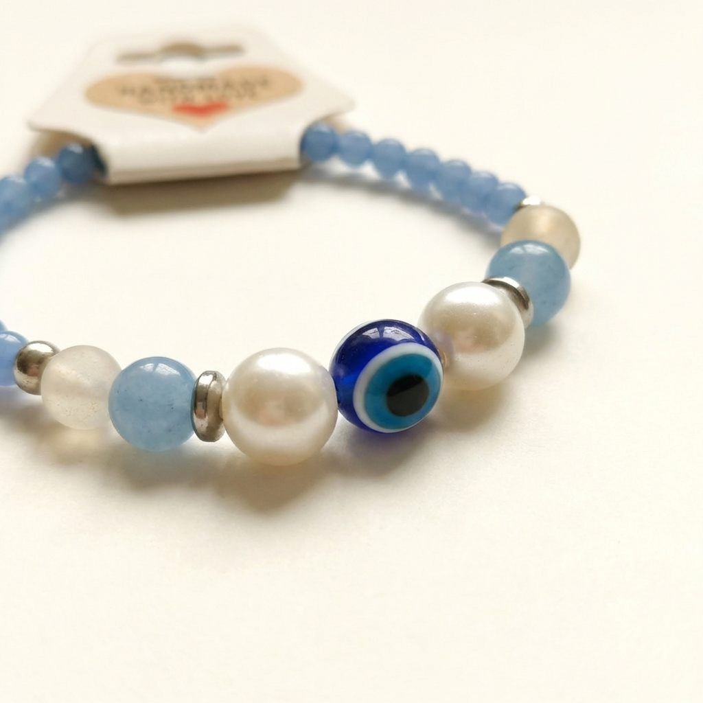 Handmade Blue Ombre Beaded Bracelet Sky Blue Agate and White Jade with Silver Accents Minimalist Stackable Jewelry Boho Style