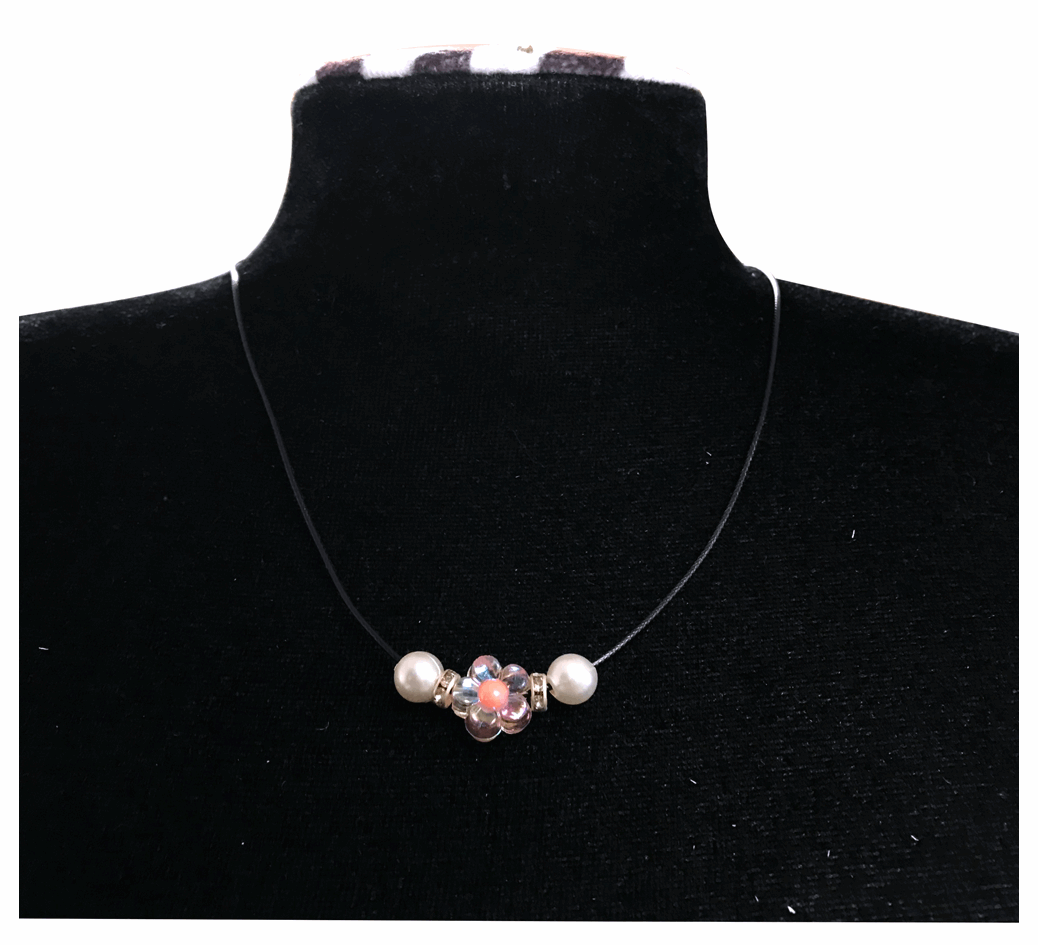 Elegant Flower Design Necklace with Acrylic White Pearl Beads, Black Cord, Lobster Claw with Extension Chain