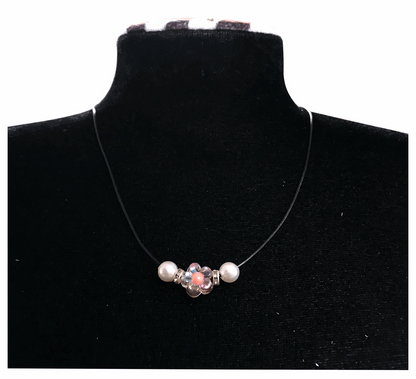 Elegant Flower Design Necklace with Acrylic White Pearl Beads, Black Cord, Lobster Claw with Extension Chain