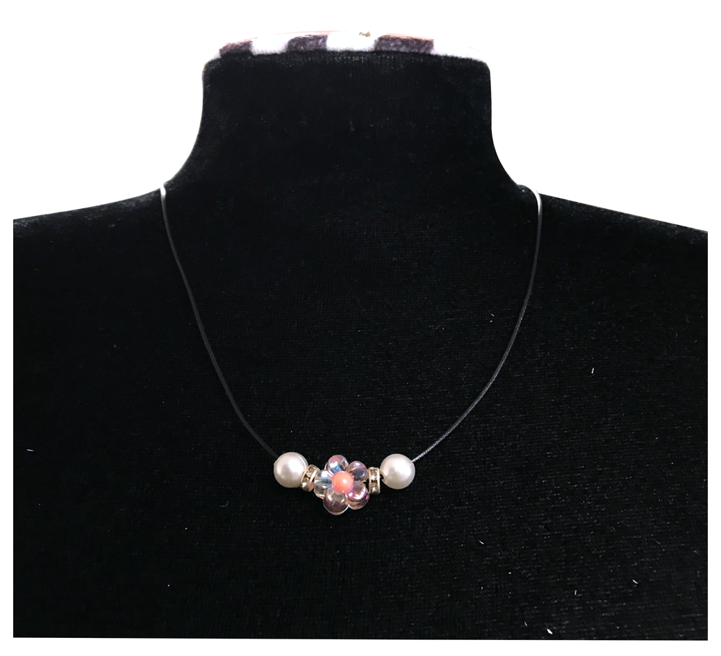 Elegant Flower Design Necklace with Acrylic White Pearl Beads, Black Cord, Lobster Claw with Extension Chain