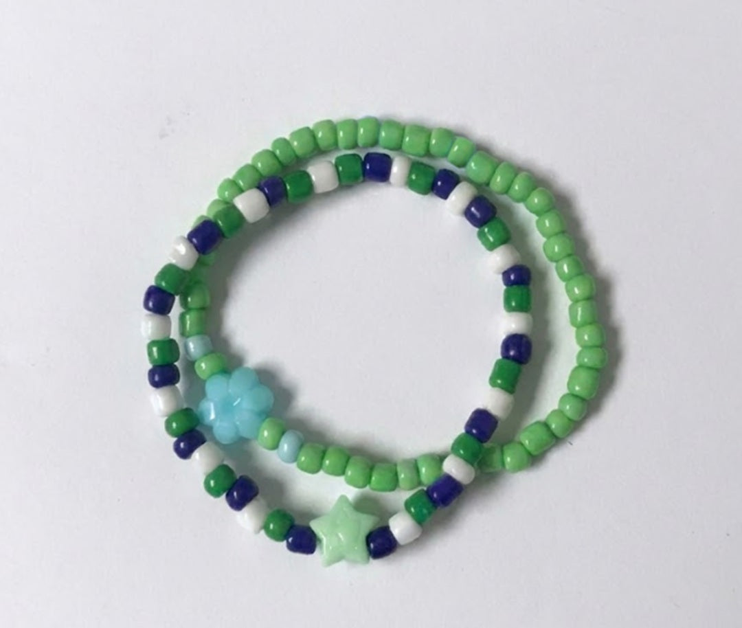 Handmade 2-Piece Colorful Beaded Bracelet Set Green White Blue with Star & Flower Accent Friendship Gift