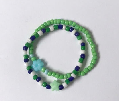Handmade 2-Piece Colorful Beaded Bracelet Set Green White Blue with Star & Flower Accent Friendship Gift